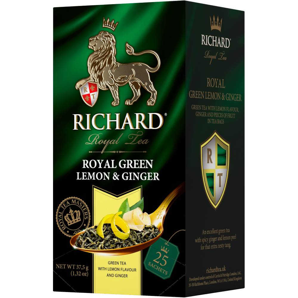 RICHARD Royal Green Lemon & Ginger  – Zeleni čaj sa đumbirom, limunom i šipurkom, 25x1,5g