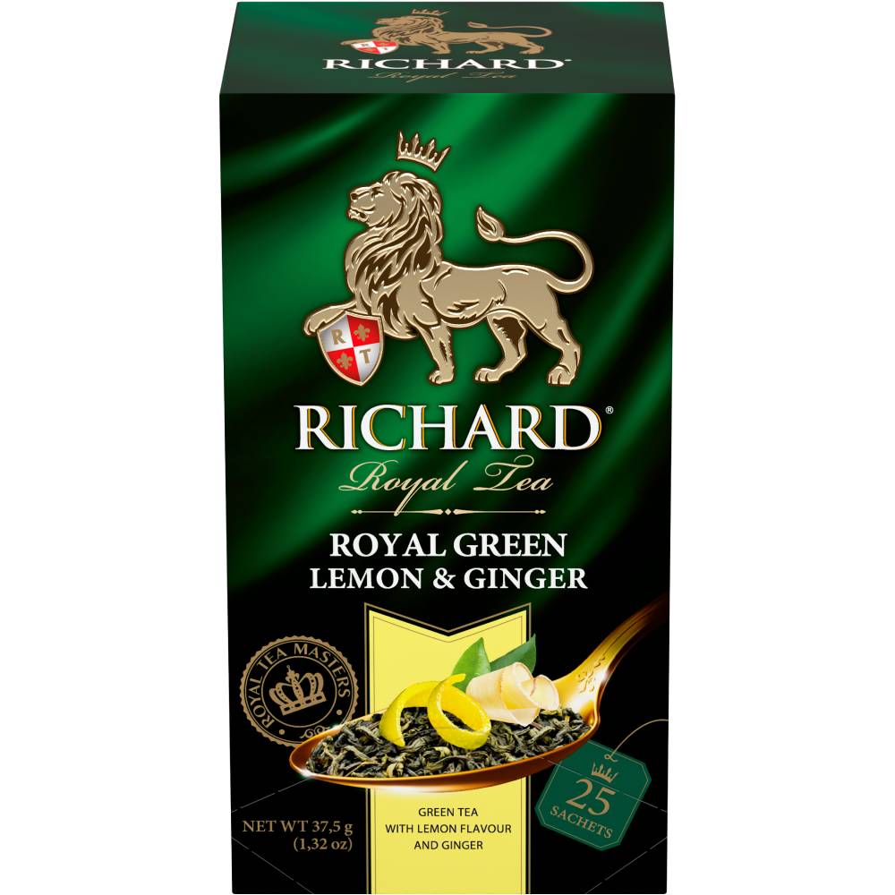 RICHARD Royal Green Lemon & Ginger  – Zeleni čaj sa đumbirom, limunom i šipurkom, 25x1,5g