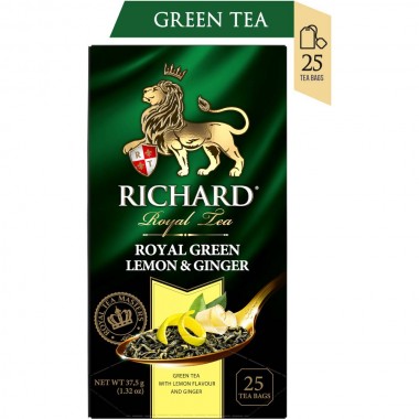 RICHARD Royal Green Lemon & Ginger  – Zeleni čaj sa đumbirom, limunom i šipurkom, 25x1,5g